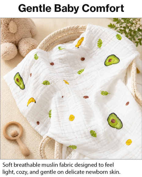 100% Cotton Muslin Baby Swaddle Blanket 110 x 110 cm Lightweight Breathable Soft Newborn Wrap Fruit