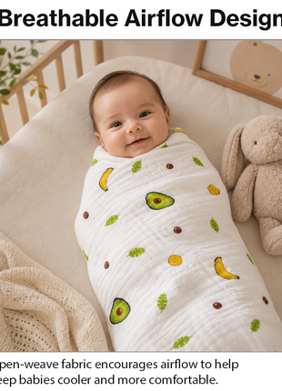 100% Cotton Muslin Baby Swaddle Blanket 110 x 110 cm Lightweight Breathable Soft Newborn Wrap Fruit