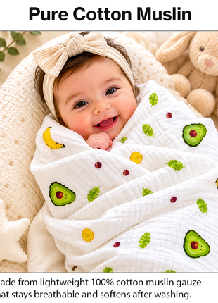 100% Cotton Muslin Baby Swaddle Blanket 110 x 110 cm Lightweight Breathable Soft Newborn Wrap Fruit