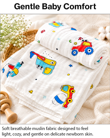 100% Cotton Muslin Baby Swaddle Blanket 110 x 110 cm Lightweight Breathable Soft Newborn Wrap Truck