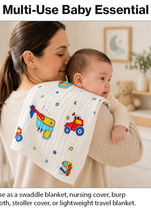 100% Cotton Muslin Baby Swaddle Blanket 110 x 110 cm Lightweight Breathable Soft Newborn Wrap Truck