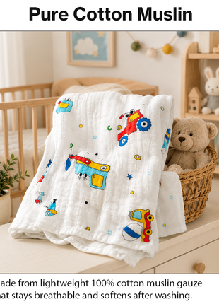 100% Cotton Muslin Baby Swaddle Blanket 110 x 110 cm Lightweight Breathable Soft Newborn Wrap Truck