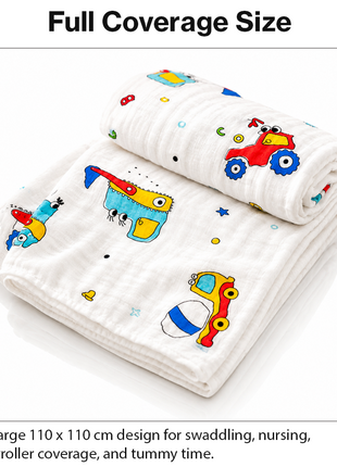 100% Cotton Muslin Baby Swaddle Blanket 110 x 110 cm Lightweight Breathable Soft Newborn Wrap Truck