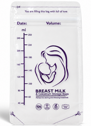 Breast Milk Storage Bags – Pre-Sterilised Double Zip-Seal, Up to ~250ml, Stand-Up with Pour Spout