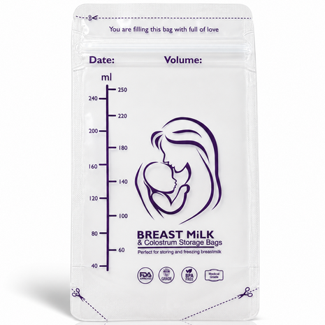 Breast Milk Storage Bags – Pre-Sterilised Double Zip-Seal, Up to ~250ml, Stand-Up with Pour Spout