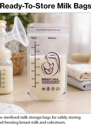 Breast Milk Storage Bags – Pre-Sterilised Double Zip-Seal, Up to ~250ml, Stand-Up with Pour Spout