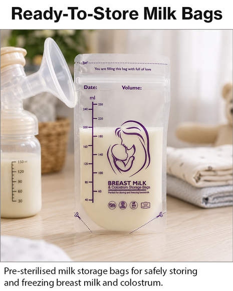 Breast Milk Storage Bags – Pre-Sterilised Double Zip-Seal, Up to ~250ml, Stand-Up with Pour Spout