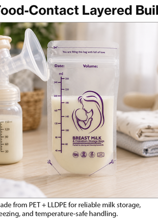 Breast Milk Storage Bags – Pre-Sterilised Double Zip-Seal, Up to ~250ml, Stand-Up with Pour Spout