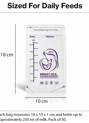 Breast Milk Storage Bags – Pre-Sterilised Double Zip-Seal, Up to ~250ml, Stand-Up with Pour Spout