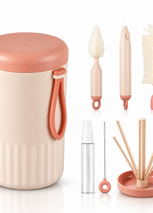 Portable  Pink Baby Bottle Cleaning Brush Set with Storage Bottle, ABS Plastic Straw & Nipple Cleaning Kit for Travel and Daily Use
