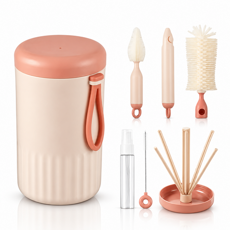 Portable  Pink Baby Bottle Cleaning Brush Set with Storage Bottle, ABS Plastic Straw & Nipple Cleaning Kit for Travel and Daily Use