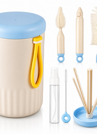 Portable Blue Baby Bottle Cleaning Brush Set with Storage Bottle, ABS Plastic Straw & Nipple Cleaning Kit for Travel and Daily Use