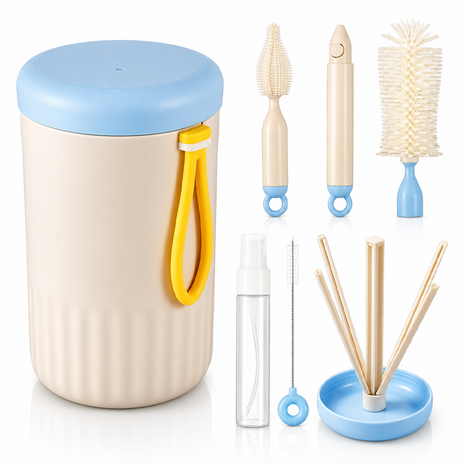 Portable Blue Baby Bottle Cleaning Brush Set with Storage Bottle, ABS Plastic Straw & Nipple Cleaning Kit for Travel and Daily Use