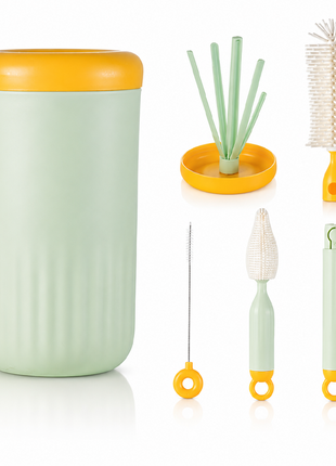 Portable Green Baby Bottle Cleaning Brush Set with Storage Bottle, ABS Plastic Straw & Nipple Cleaning Kit for Travel and Daily Use