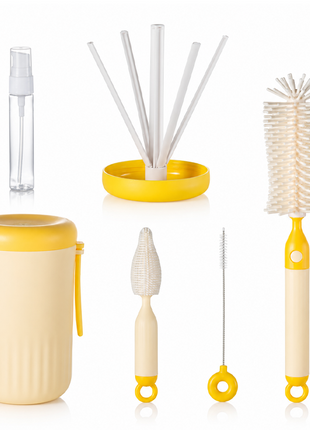Portable Yellow Baby Bottle Cleaning Brush Set with Storage Bottle, ABS Plastic Straw & Nipple Cleaning Kit for Travel and Daily Use