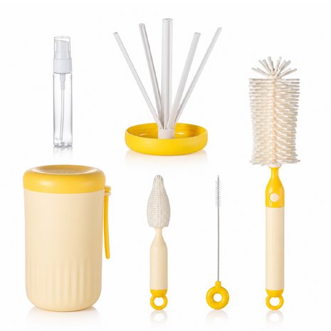 Portable Yellow Baby Bottle Cleaning Brush Set with Storage Bottle, ABS Plastic Straw & Nipple Cleaning Kit for Travel and Daily Use