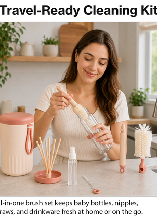 Portable  Pink Baby Bottle Cleaning Brush Set with Storage Bottle, ABS Plastic Straw & Nipple Cleaning Kit for Travel and Daily Use