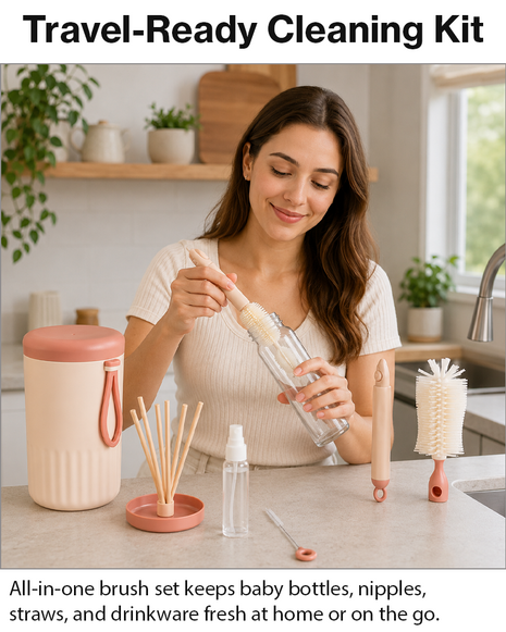 Portable  Pink Baby Bottle Cleaning Brush Set with Storage Bottle, ABS Plastic Straw & Nipple Cleaning Kit for Travel and Daily Use