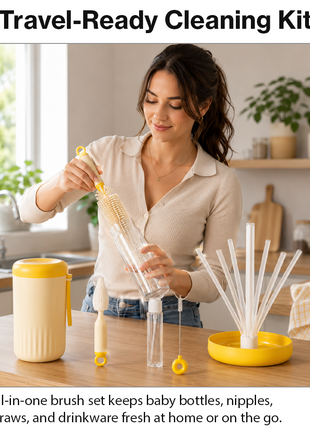 Portable Yellow Baby Bottle Cleaning Brush Set with Storage Bottle, ABS Plastic Straw & Nipple Cleaning Kit for Travel and Daily Use