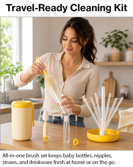 Portable Yellow Baby Bottle Cleaning Brush Set with Storage Bottle, ABS Plastic Straw & Nipple Cleaning Kit for Travel and Daily Use