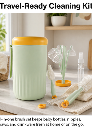 Portable Green Baby Bottle Cleaning Brush Set with Storage Bottle, ABS Plastic Straw & Nipple Cleaning Kit for Travel and Daily Use