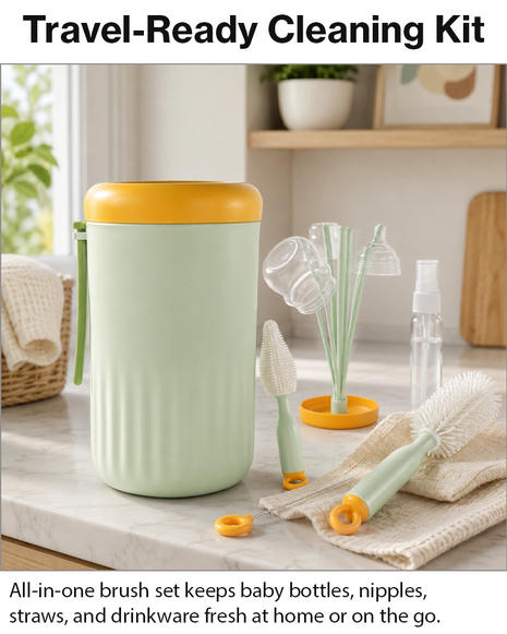 Portable Green Baby Bottle Cleaning Brush Set with Storage Bottle, ABS Plastic Straw & Nipple Cleaning Kit for Travel and Daily Use