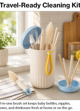 Portable Blue Baby Bottle Cleaning Brush Set with Storage Bottle, ABS Plastic Straw & Nipple Cleaning Kit for Travel and Daily Use