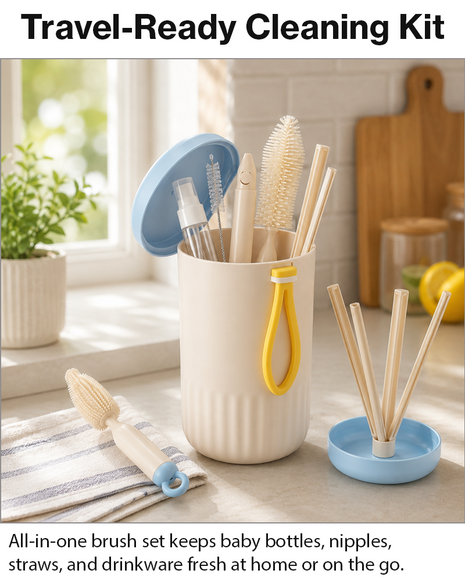 Portable Blue Baby Bottle Cleaning Brush Set with Storage Bottle, ABS Plastic Straw & Nipple Cleaning Kit for Travel and Daily Use