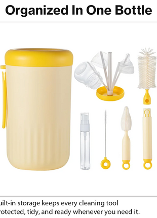 Portable Yellow Baby Bottle Cleaning Brush Set with Storage Bottle, ABS Plastic Straw & Nipple Cleaning Kit for Travel and Daily Use