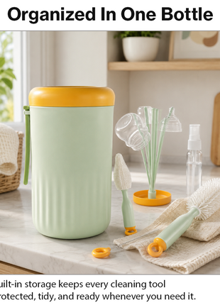 Portable Green Baby Bottle Cleaning Brush Set with Storage Bottle, ABS Plastic Straw & Nipple Cleaning Kit for Travel and Daily Use