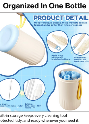 Portable Blue Baby Bottle Cleaning Brush Set with Storage Bottle, ABS Plastic Straw & Nipple Cleaning Kit for Travel and Daily Use