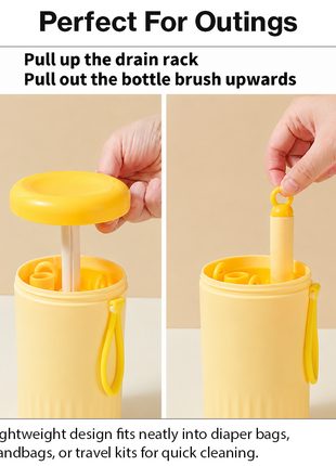 Portable Yellow Baby Bottle Cleaning Brush Set with Storage Bottle, ABS Plastic Straw & Nipple Cleaning Kit for Travel and Daily Use