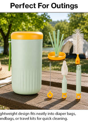 Portable Green Baby Bottle Cleaning Brush Set with Storage Bottle, ABS Plastic Straw & Nipple Cleaning Kit for Travel and Daily Use