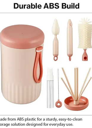 Portable  Pink Baby Bottle Cleaning Brush Set with Storage Bottle, ABS Plastic Straw & Nipple Cleaning Kit for Travel and Daily Use