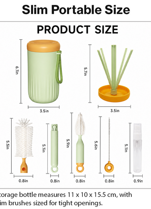 Portable Green Baby Bottle Cleaning Brush Set with Storage Bottle, ABS Plastic Straw & Nipple Cleaning Kit for Travel and Daily Use