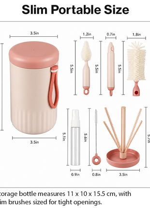 Portable  Pink Baby Bottle Cleaning Brush Set with Storage Bottle, ABS Plastic Straw & Nipple Cleaning Kit for Travel and Daily Use