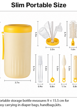 Portable Yellow Baby Bottle Cleaning Brush Set with Storage Bottle, ABS Plastic Straw & Nipple Cleaning Kit for Travel and Daily Use