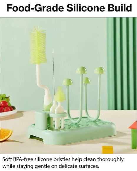 Baby Bottle Cleaning Brush Set with Drying Rack BPA-Free Silicone Kit
