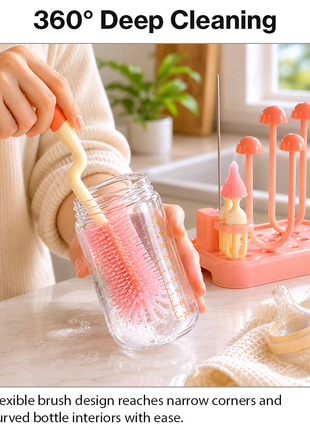 Baby Bottle Cleaning Brush Set with Drying Rack BPA-Free Silicone Kit