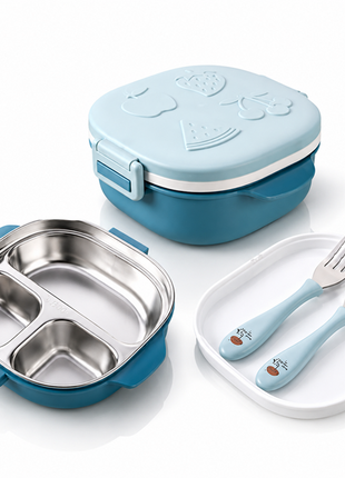 BPA-Free Lunch Box with 400ml Stainless Steel Tray, Fork, Spoon, Tray Plate & Dishwasher-Safe Blue Design