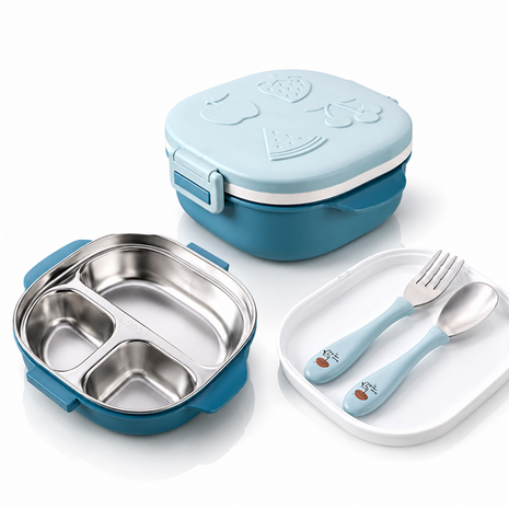 BPA-Free Lunch Box with 400ml Stainless Steel Tray, Fork, Spoon, Tray Plate & Dishwasher-Safe Blue Design