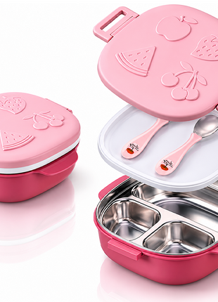 BPA-Free Lunch Box with 400ml Stainless Steel Tray, Fork, Spoon, Tray Plate & Dishwasher-Safe Pink Design