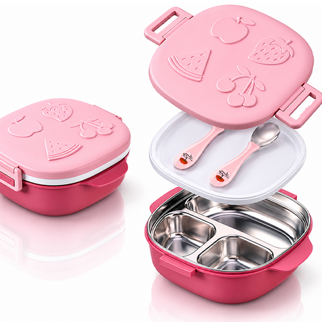 BPA-Free Lunch Box with 400ml Stainless Steel Tray, Fork, Spoon, Tray Plate & Dishwasher-Safe Pink Design