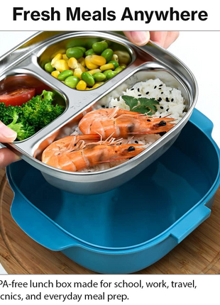 BPA-Free Lunch Box with 400ml Stainless Steel Tray, Fork, Spoon, Tray Plate & Dishwasher-Safe Blue Design