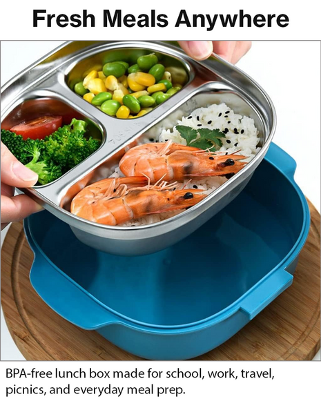 BPA-Free Lunch Box with 400ml Stainless Steel Tray, Fork, Spoon, Tray Plate & Dishwasher-Safe Blue Design