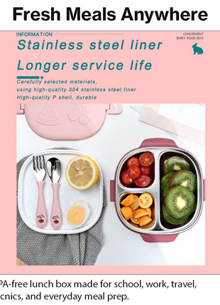 BPA-Free Lunch Box with 400ml Stainless Steel Tray, Fork, Spoon, Tray Plate & Dishwasher-Safe Pink Design