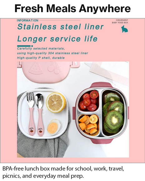 BPA-Free Lunch Box with 400ml Stainless Steel Tray, Fork, Spoon, Tray Plate & Dishwasher-Safe Pink Design
