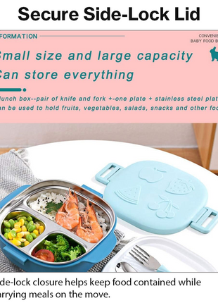 BPA-Free Lunch Box with 400ml Stainless Steel Tray, Fork, Spoon, Tray Plate & Dishwasher-Safe Blue Design
