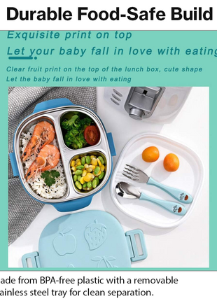 BPA-Free Lunch Box with 400ml Stainless Steel Tray, Fork, Spoon, Tray Plate & Dishwasher-Safe Blue Design