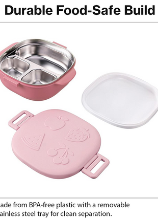 BPA-Free Lunch Box with 400ml Stainless Steel Tray, Fork, Spoon, Tray Plate & Dishwasher-Safe Pink Design